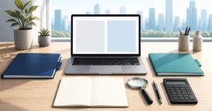 パソコン、色分けした報告書、比較ノート、虫眼鏡と電卓を並べた企業調査の机上風景